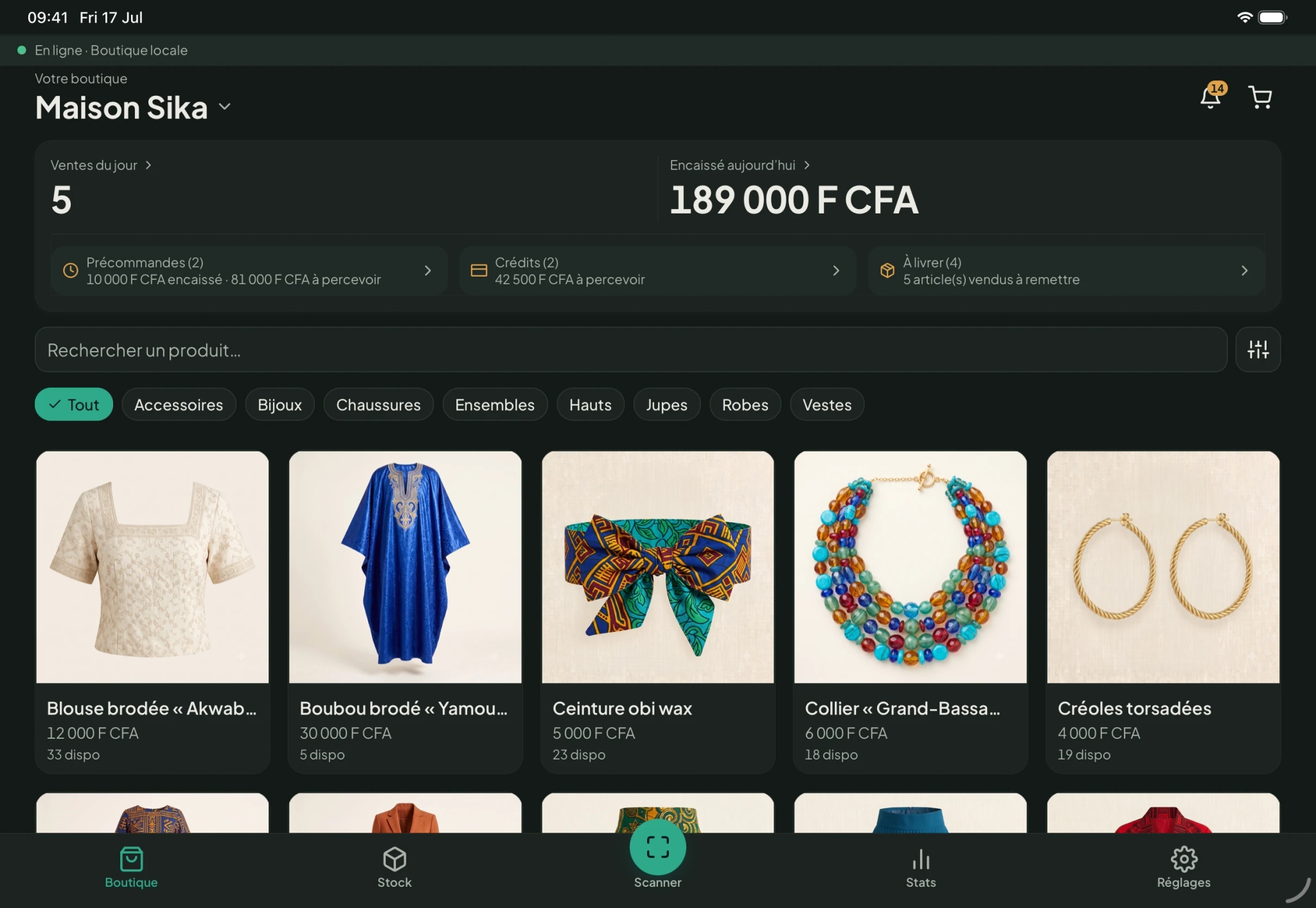 Boutik sur iPad au comptoir : vitrine en cinq colonnes, recherche, catégories.