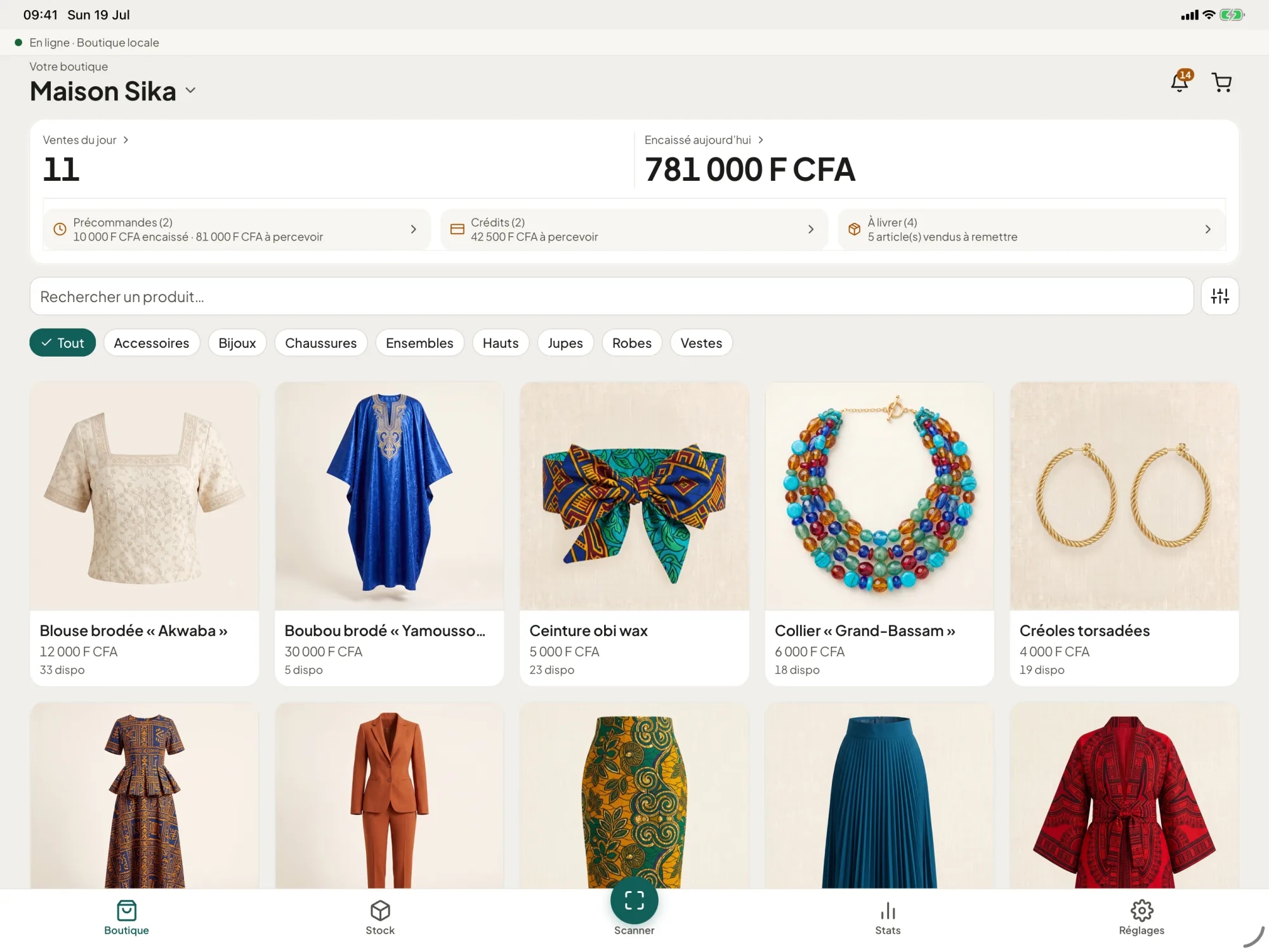 Boutik sur tablette au comptoir : vitrine des produits, recherche, catégories, encaissement.