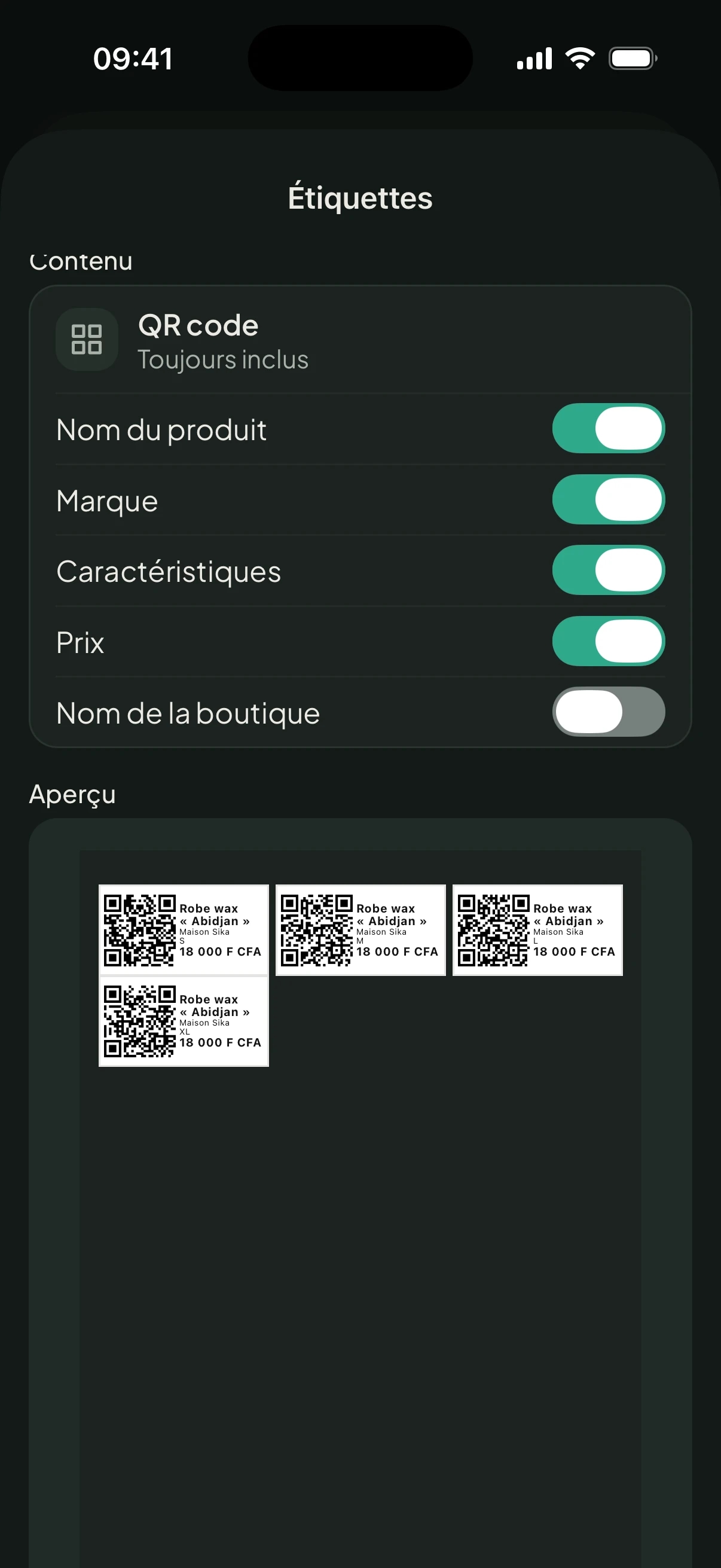 Les étiquettes QR : aperçu fidèle avant impression.